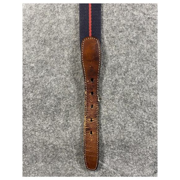 Belt Mens 34 Navy Red Web Stripe Leather Ends Solid Brass Buckle Made USA Preppy - Picture 4 of 15